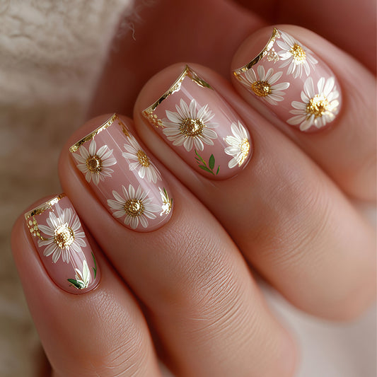 Blossoming Elegance Medium Square Pink Floral Design with Metallic Accents Press On Nail Set