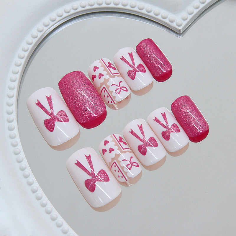Charming Bow Theme Short Square Pink Glitter Press On Nail Set with Unique Bow Designs