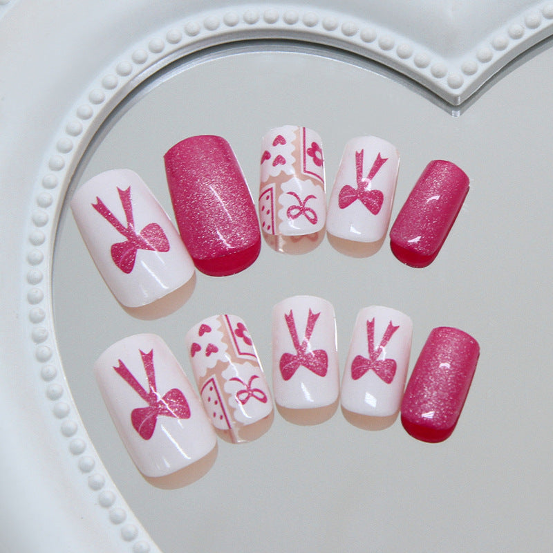 Charming Pink Short Square with Glittery Bow Designs Press On Nail Set