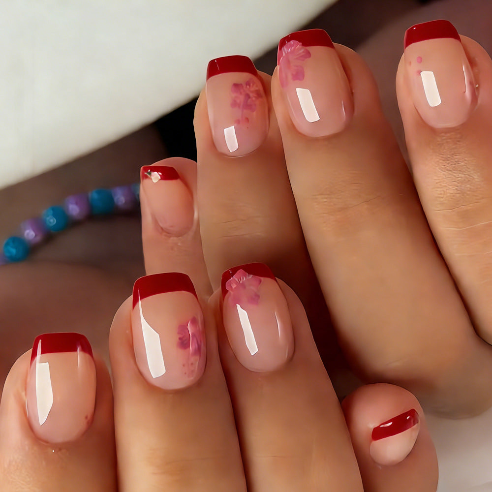 Elegant Floral Inspiration Short Square Medium Red and Clear Press on Nail Set with Artistic Design