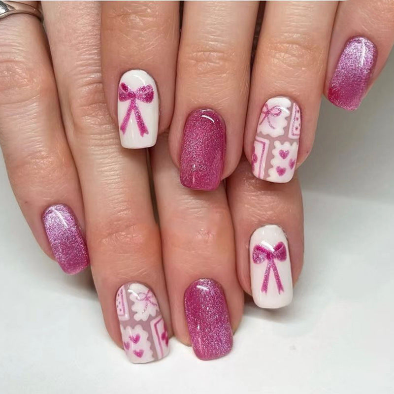 Glamorous Floral Short Square Pink Press On Nails with Glittering Bow Accents