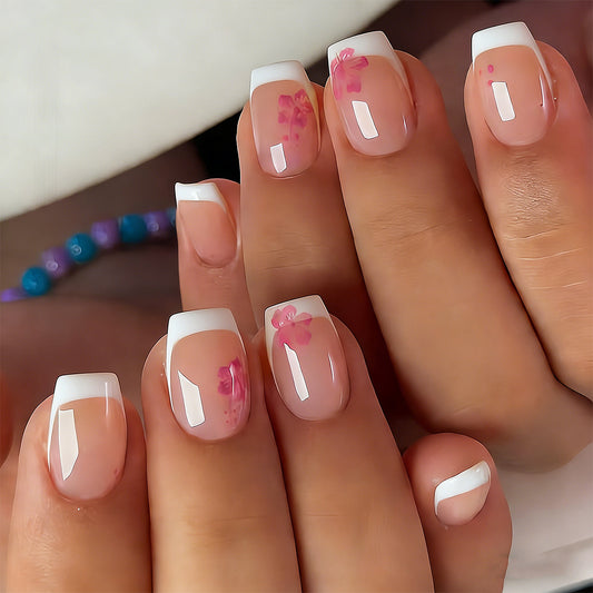 Floral Fairy Tale Elegant Short Square Press On Nail Set in Soft Pink with Charming Flower Accents