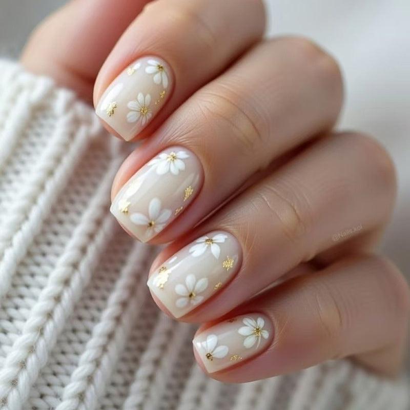 Floral Dream Short Square Ivory with Delicate Flower Accents Press On Nail Set