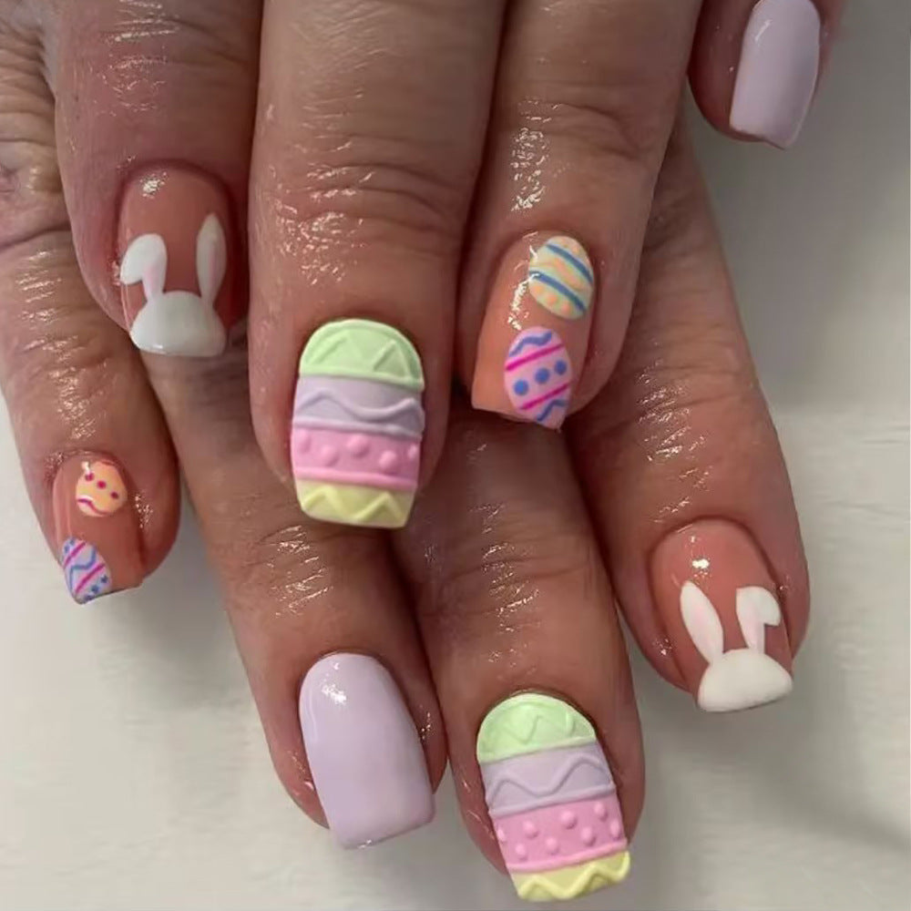 Whimsical Spring Delight Short Square Pastel Colored Eggs and Bunny Accents Press On Nail Set