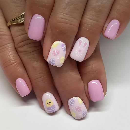 Easter Wonderland Short Square Pink Press On Nail Set with Cute Bunny and Egg Designs