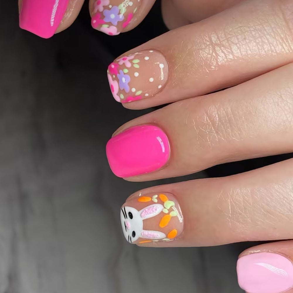 Springtime Bunny Bliss Short Square Pink Floral Press On Nail Set with Cute Bunny Design