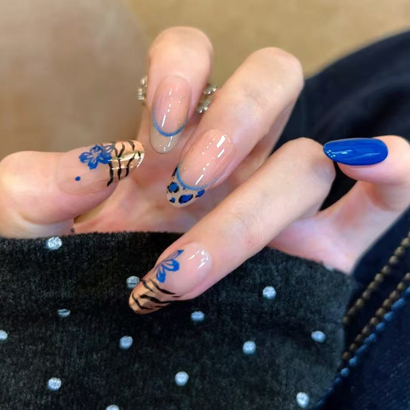 Tropical Paradise Medium Almond Blue with Floral and Striped Accents Press on Nail Set