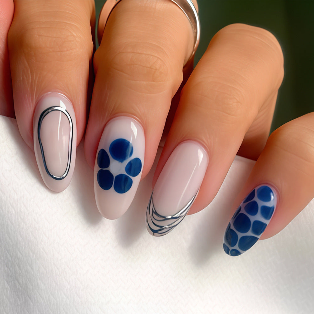 Ocean Breeze Elegant Long Oval Shaped Blue and White Polka Dot Press On Nail Set