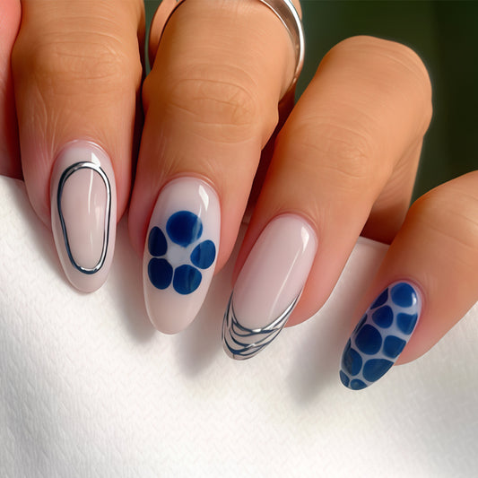 Ocean Breeze Elegant Long Oval Shaped Blue and White Polka Dot Press On Nail Set