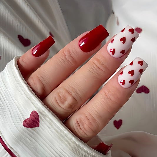 Romantic Heart Themed Long Square Red and White Nail Set with Charming Heart Patterns