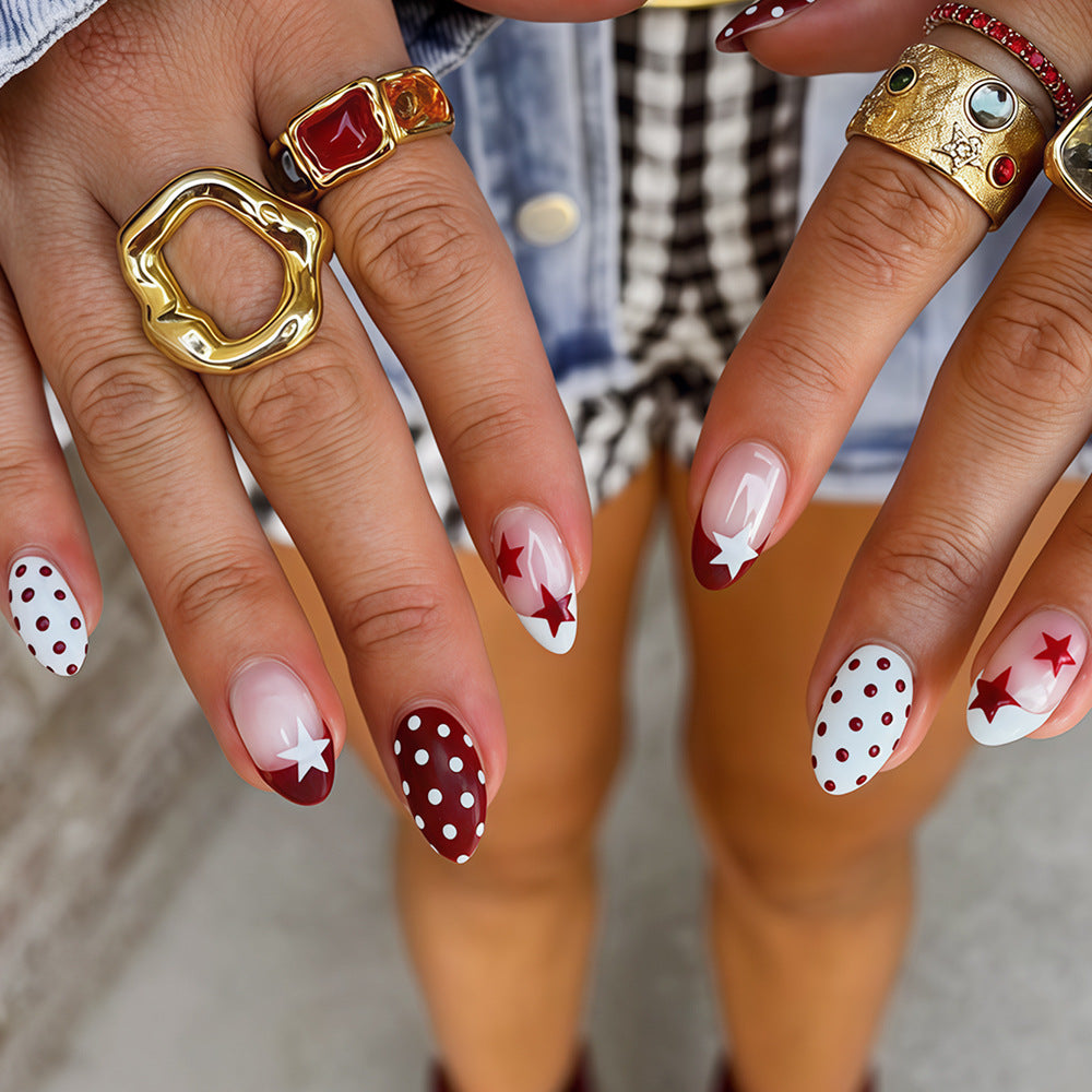 Starry Night Press-On Nail Set Elegant Long Oval Shaped Burgundy and White with Dotted and Starry Design