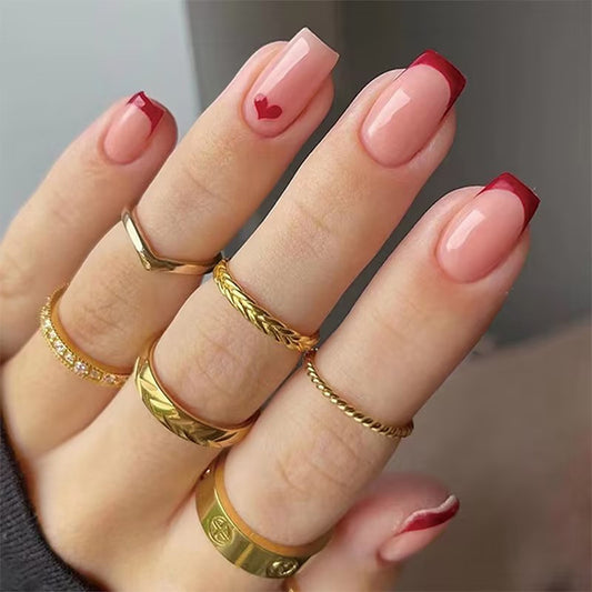 Charming Hearts Long Square Blush Pink Press On Nail Set with Red Tips