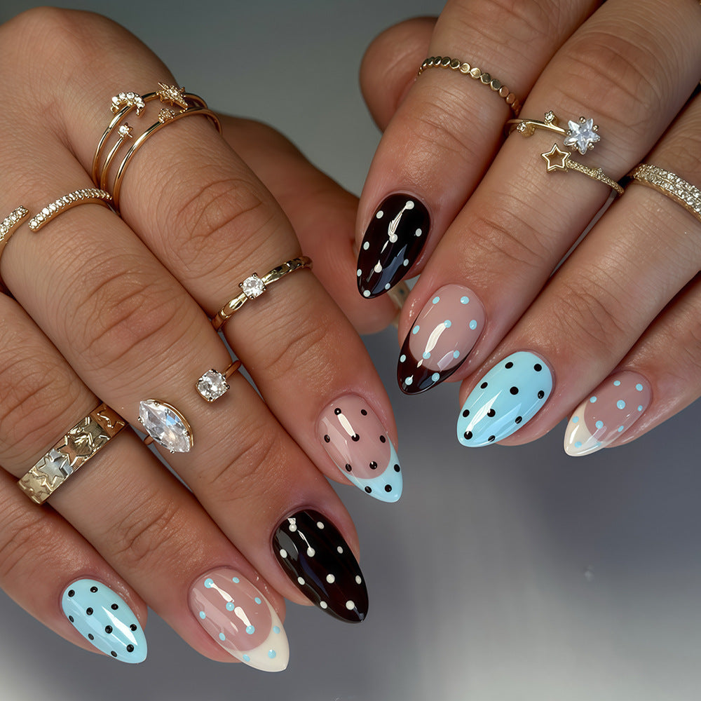 Chic Polka Dot Medium Almond Press On Nail Set in Sky Blue and Deep Black with Glossy Finish
