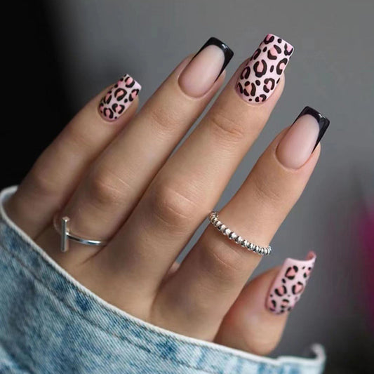 Wild Safari Chic Long Square Pink with Leopard Print Design Press On Nail Set