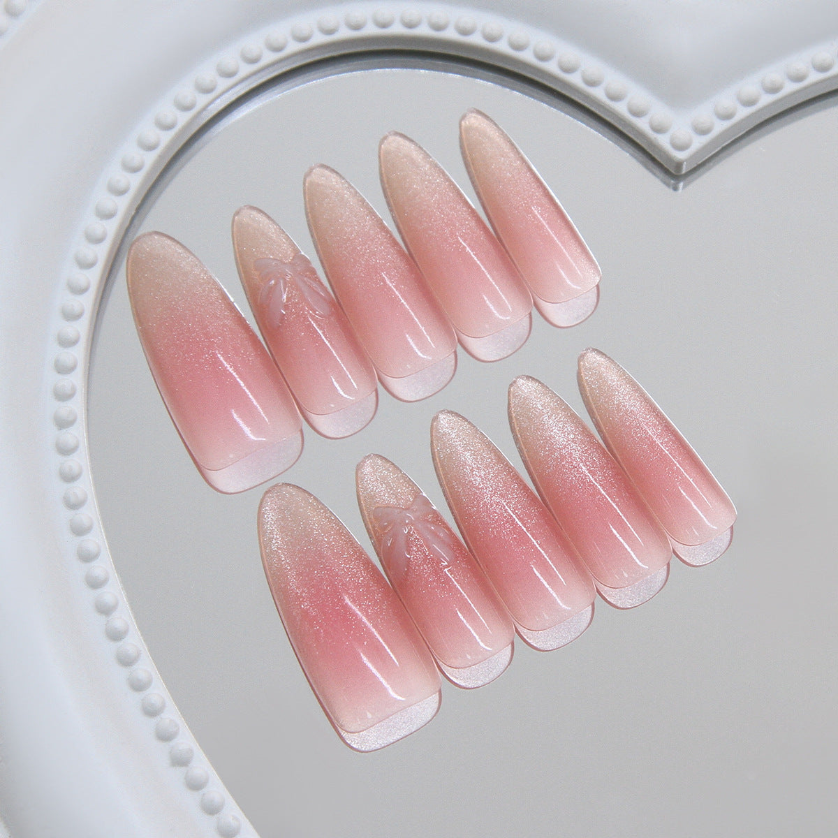 Glamorous Elegance Long Almond Pink Ombre Press On Nail Set with Sparkle Effect