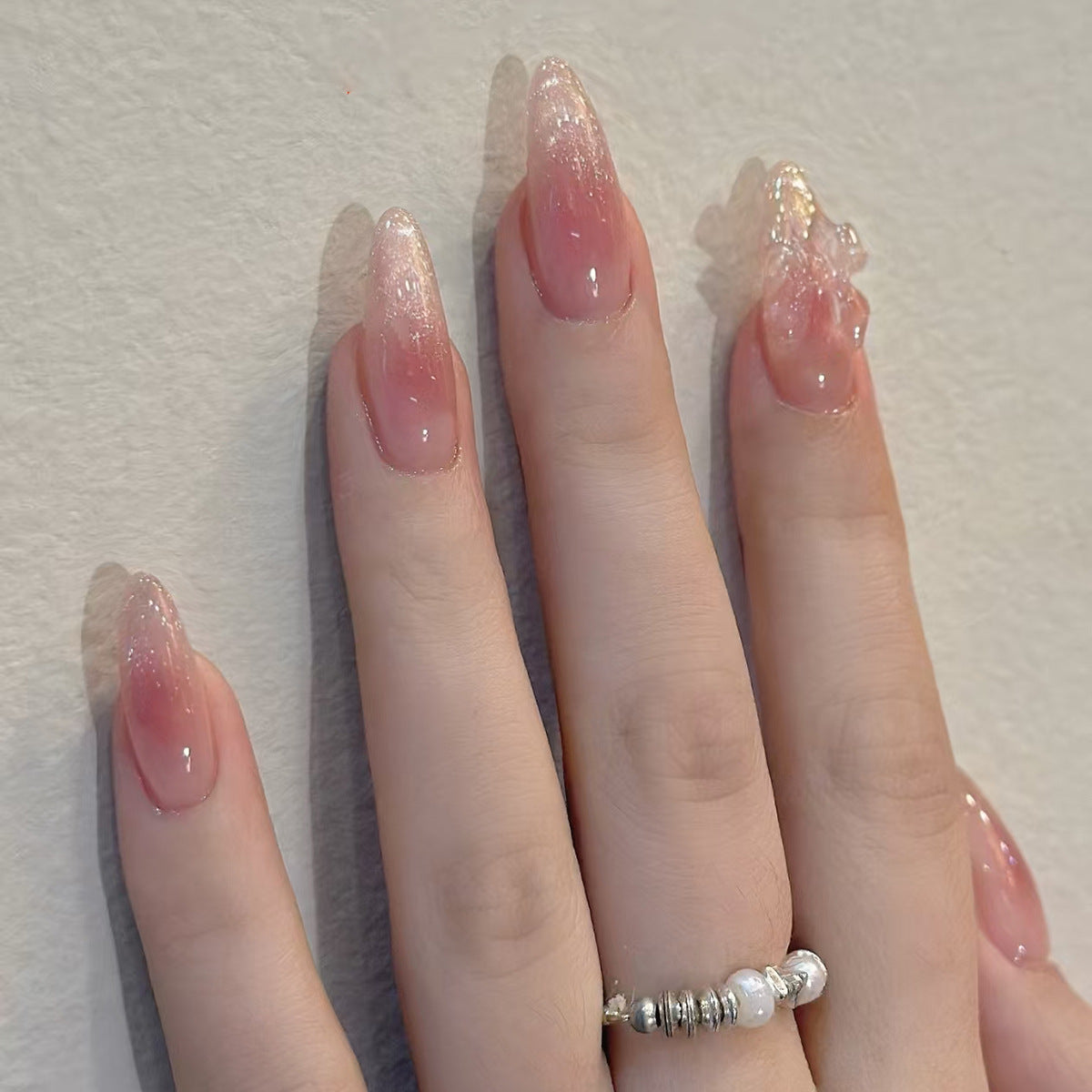 Celestial Charm Medium Almond Pink Ombre Glitter Press On Nail Set