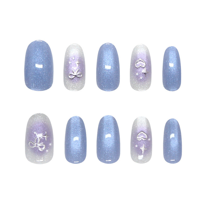 Celestial Charm Medium Round Blue with Glitter and Unique Decorative Designs Press On Nail Set