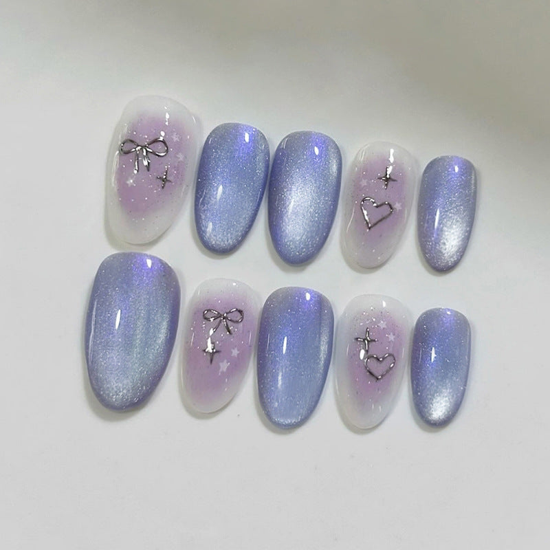 Whimsical Dream Medium Almond Purple Shimmer Press On Nail Set with Charming Bow Accessories
