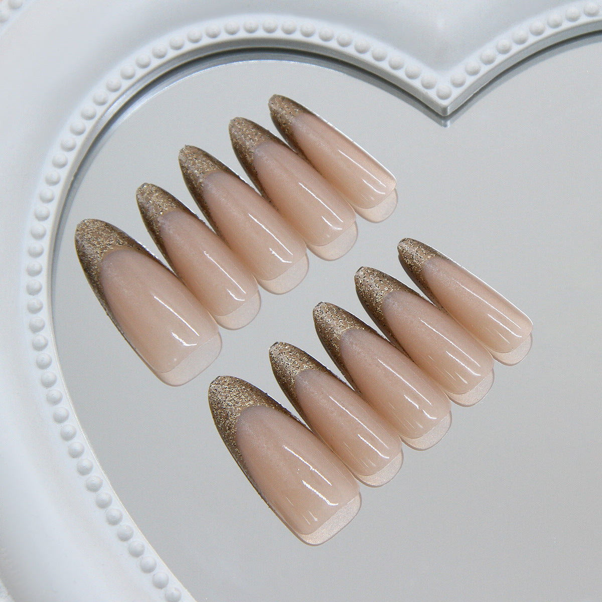 Glamorous Medium Almond Beige Press-On Nails with Glitter Tip