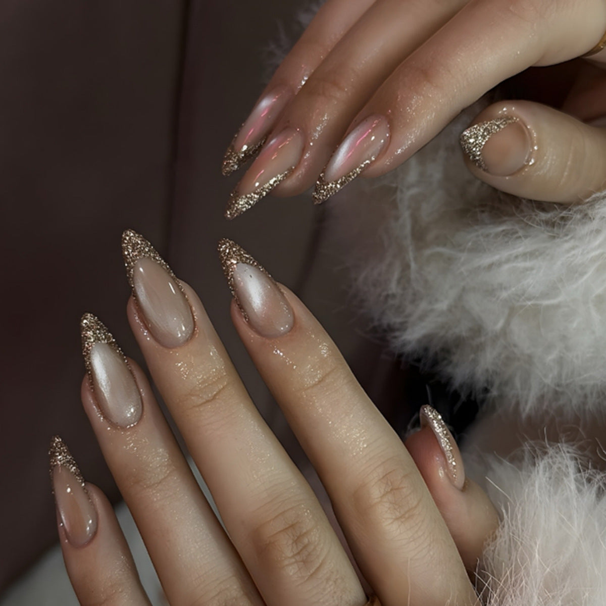 Glamorous Chic Medium Almond Beige Nails with Glitter Accent