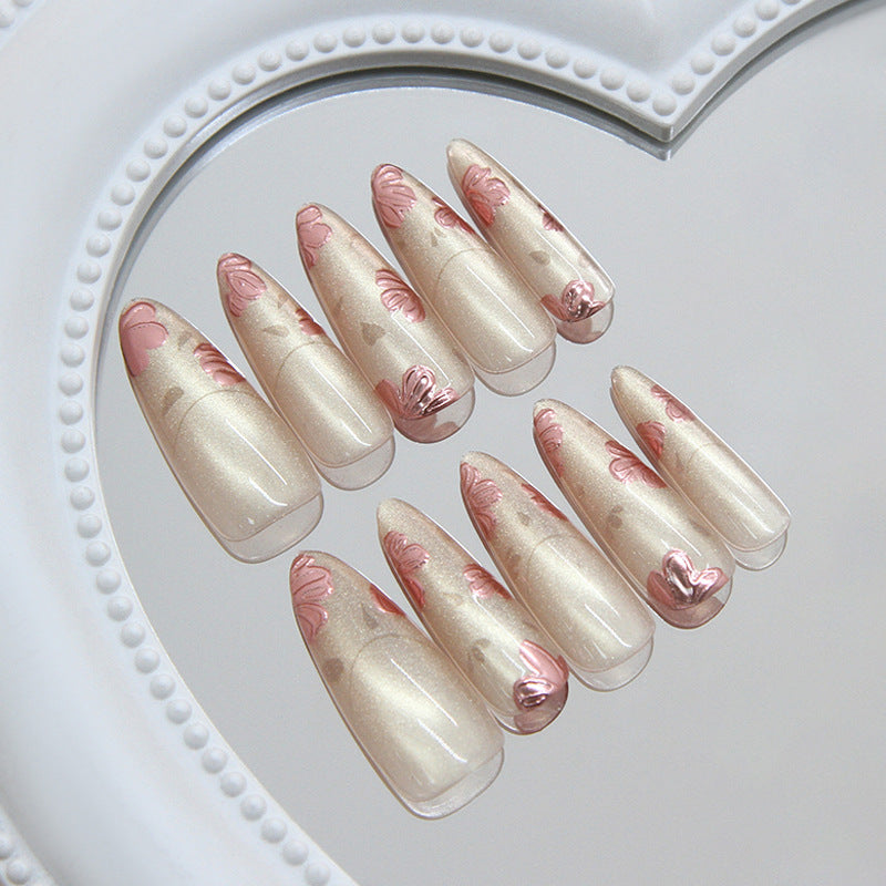 Blossom Elegance Medium Almond Beige with Floral Accents Press on Nail Set