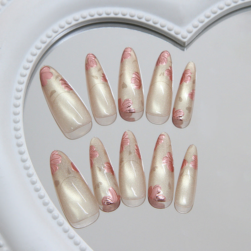 Blossom Elegance Long Almond Pearl Finish Press On Nail Set