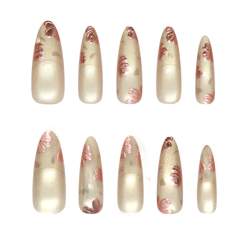 Elegant Floral Fantasy Long Almond Acrylic Nails with Metallic Accents