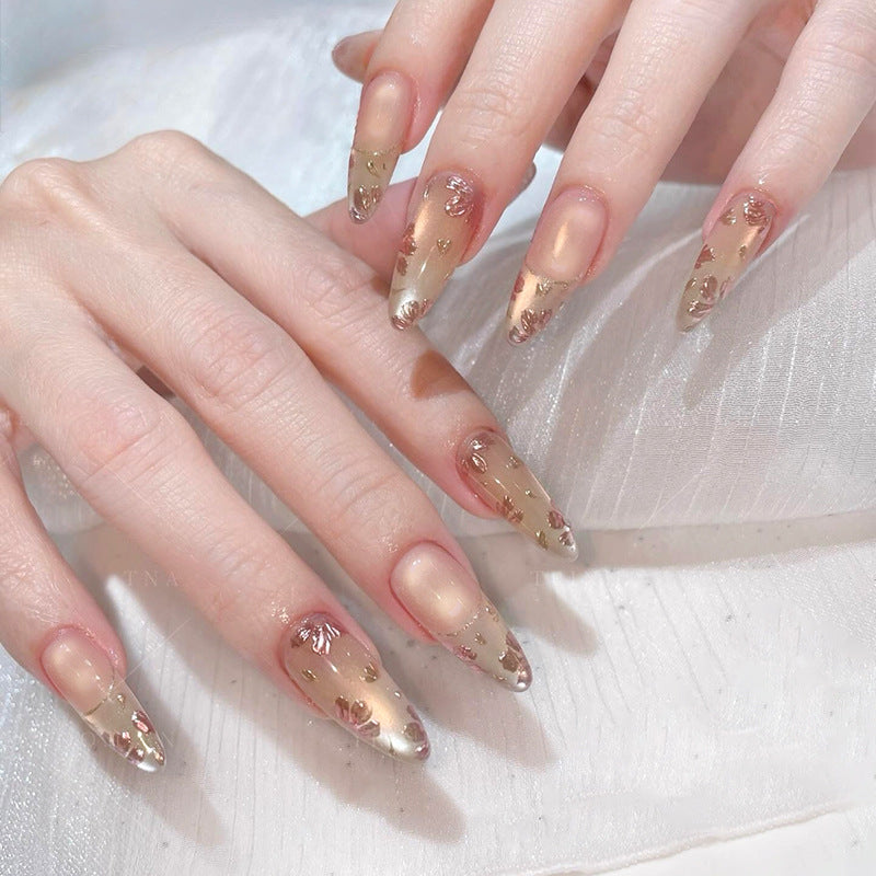 Chic Floral Elegance Medium Almond Beige with Glitter Accent Press on Nail Set
