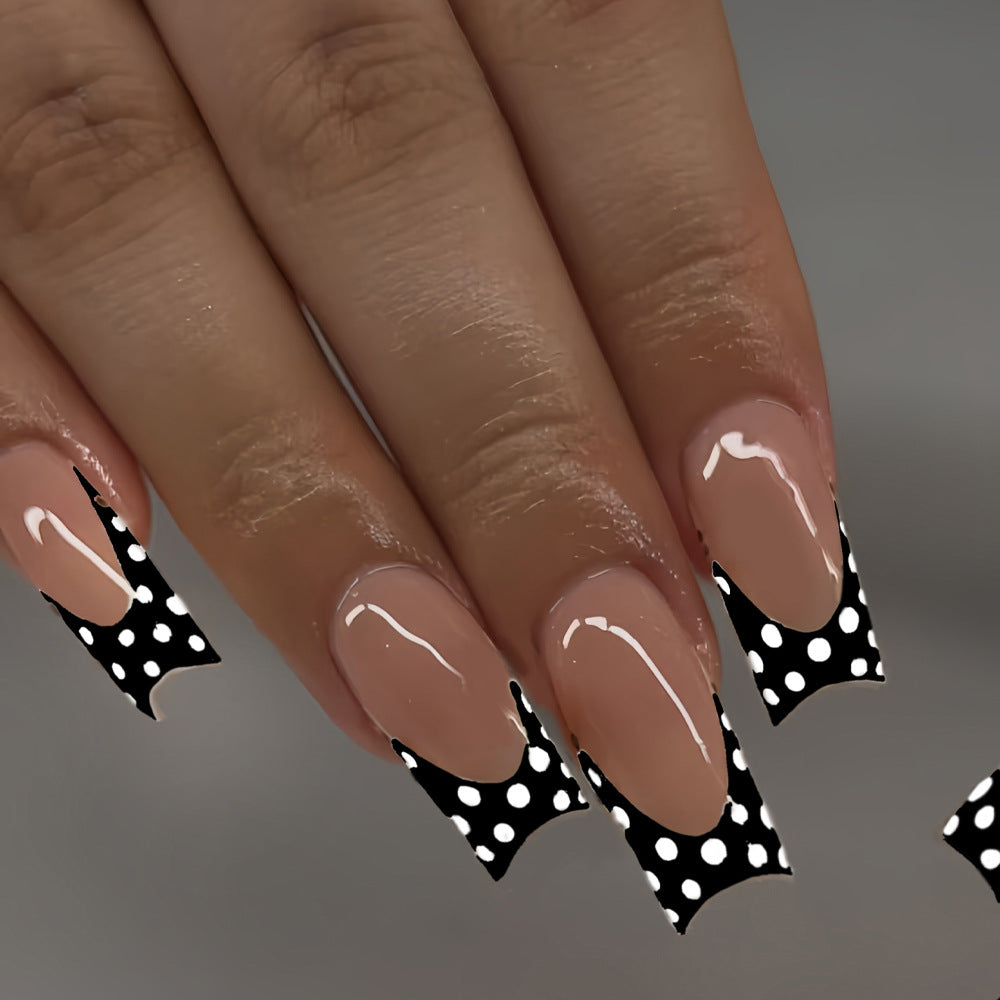 Chic Polka Dot Design Long Square Shaped Black and White Press on Nail Set with Glossy Finish