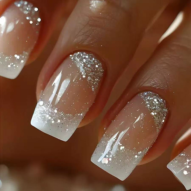 Glamorous Short Square Clear Ombre Glitter Press On Nail Set