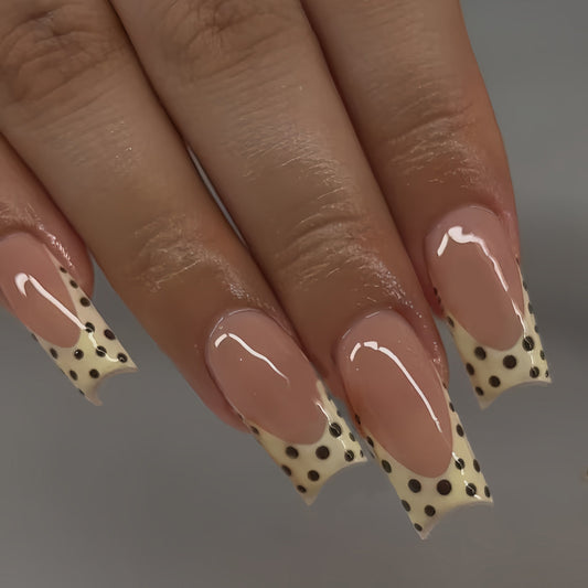 Chic Polka Dot Vibes Long Square Beige Nails with Unique Cutout Design