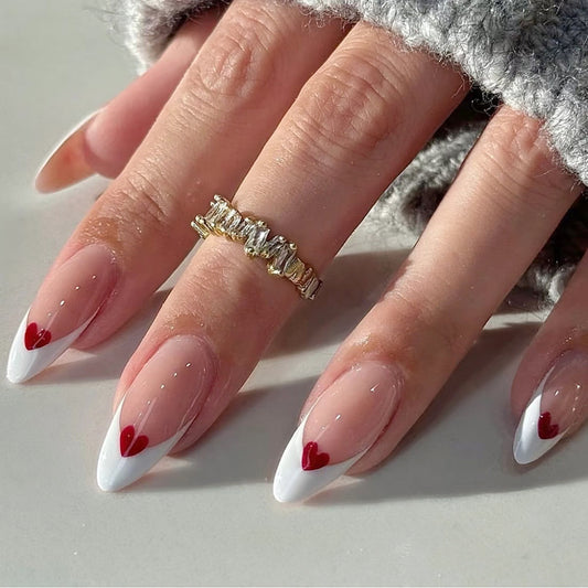 Romantic Charm Medium Almond White and Red Heart Accent Press on Nail Set