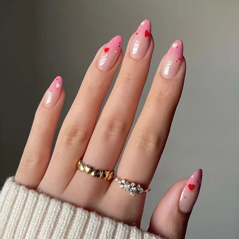 Romantic Charm Medium Almond Pink Nails with Heart Designs