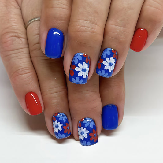 Floral Fantasy Short Square Press On Nail Set in Vibrant Blue and Radiant Red with Charming Daisy Designs
