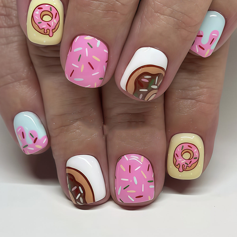 Sweet Treat Vibes Short Square Pastel Colors Delicious Donut Designs Press On Nail Set
