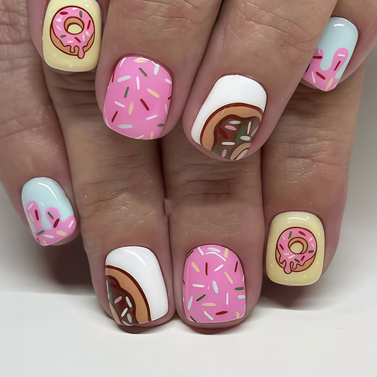 Sweet Treat Vibes Short Square Pastel Colors Delicious Donut Designs Press On Nail Set