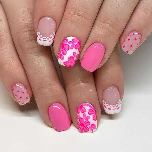 Floral Serenity Short Square Pink Press On Nail Set with Elegant Floral Designs