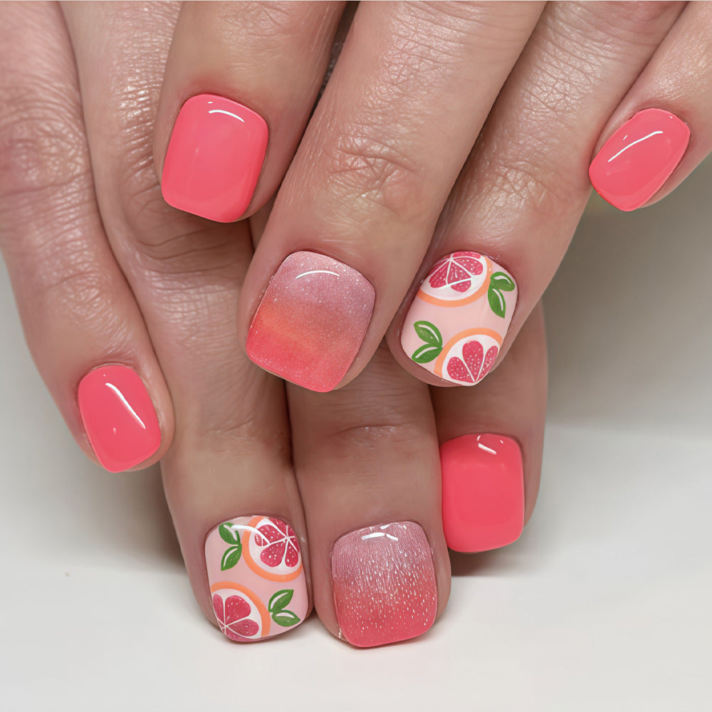 Citrus Delight Short Square Pink Ombre Press On Nail Set with Fruit Accents