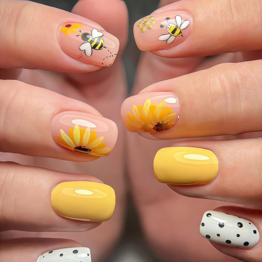 Bee Inspired Floral Short Square Yellow and Transparent Nail Set with Charming Hand-Painted Designs