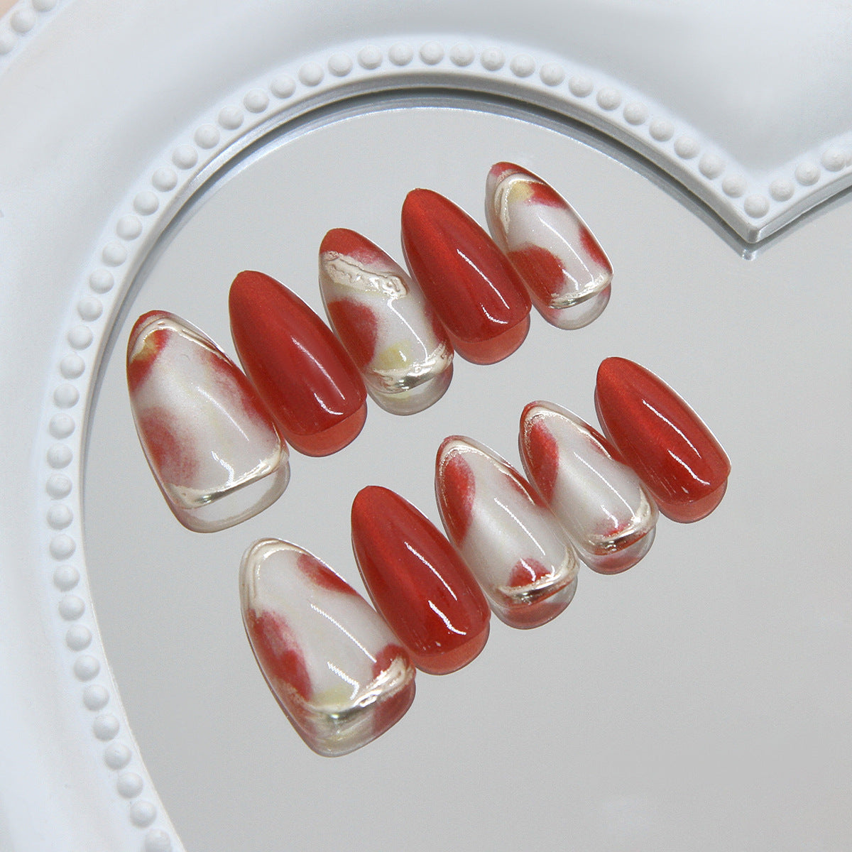 Vibrant Sunset Medium Almond Red and Marble Press On Nail Set