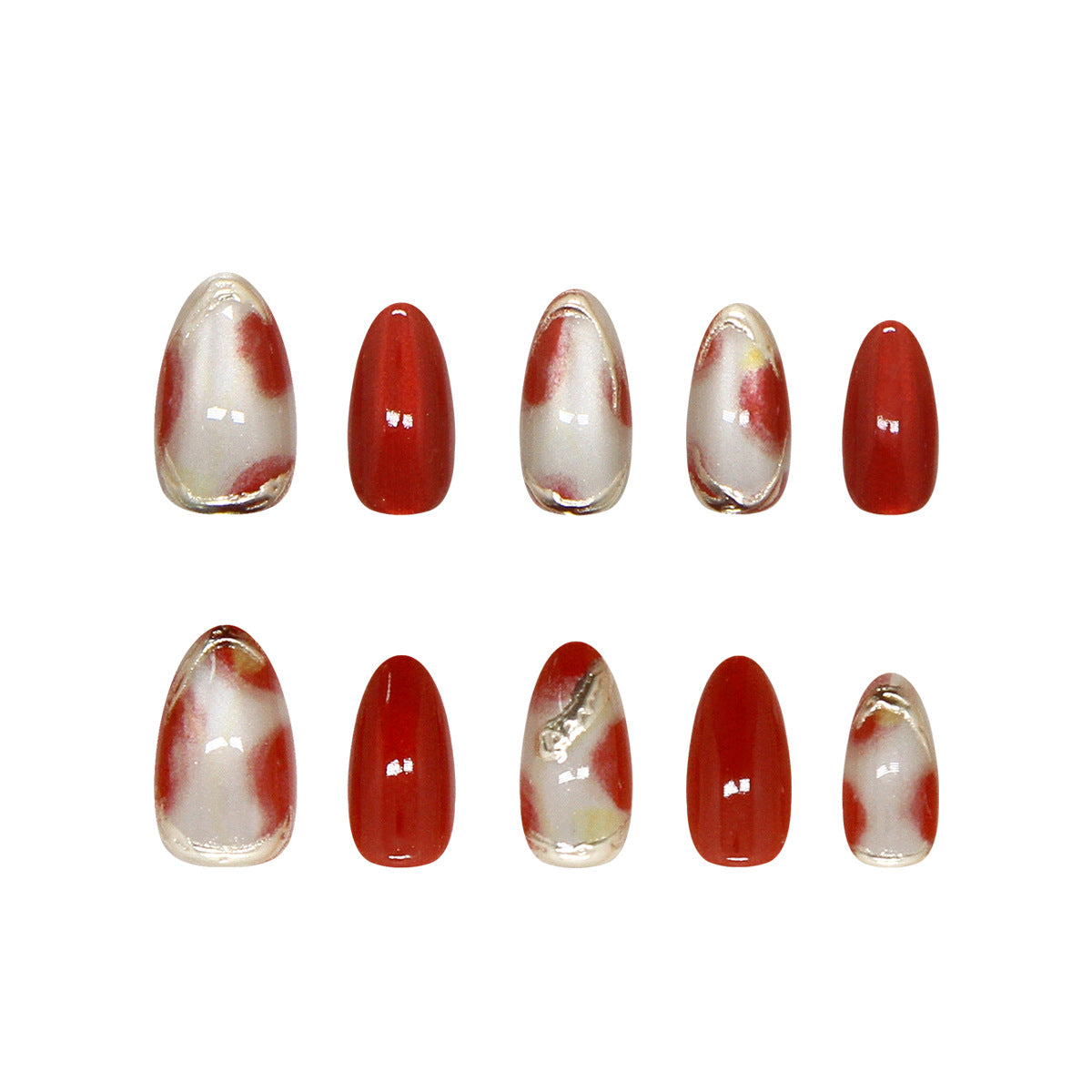 Fashionable Elegance Medium Almond Red Marbled Design Press on Nail Set