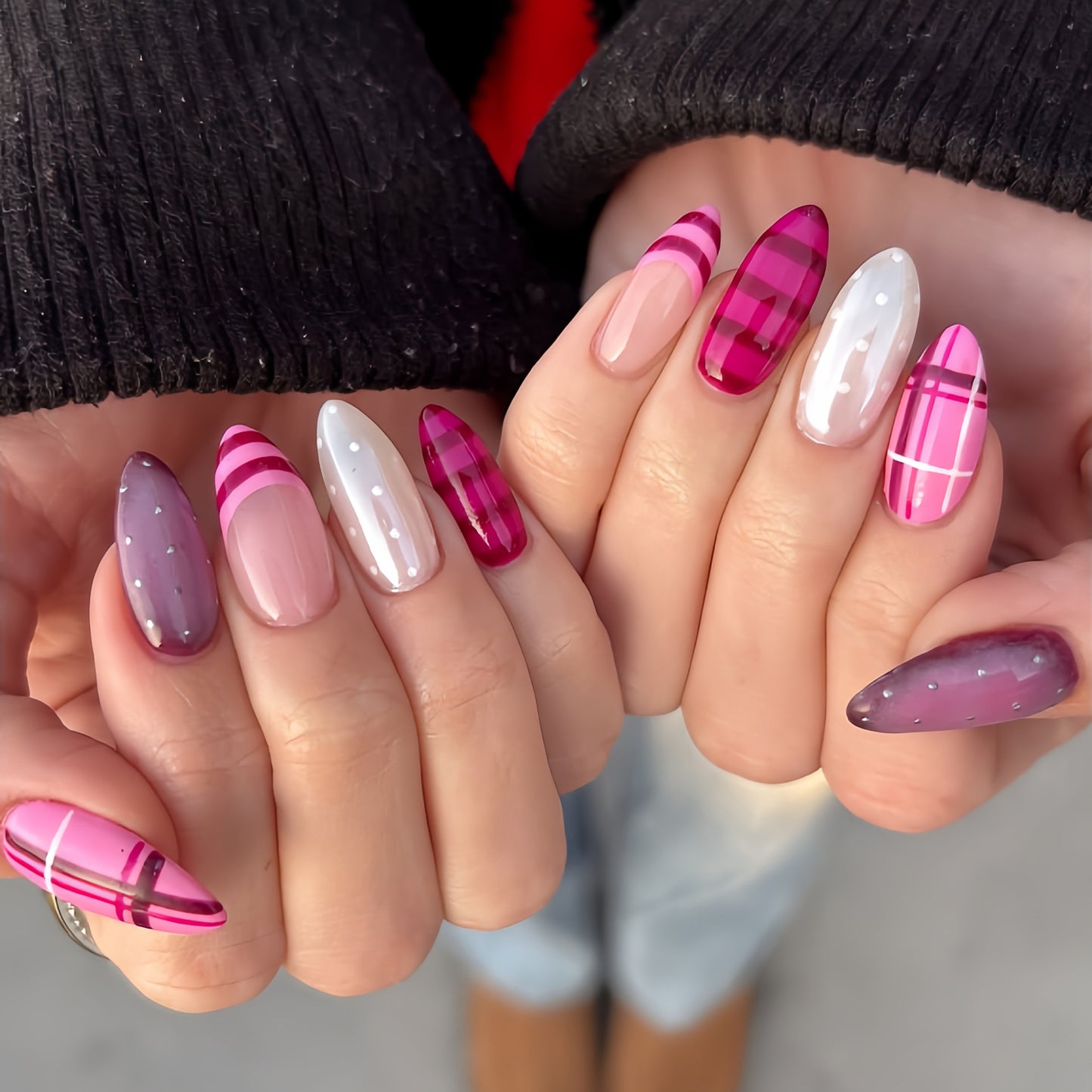 Chic Winter Wonderland Ombre Long Almond Pink and Purple Nail Set with Elegant Plaid Accents