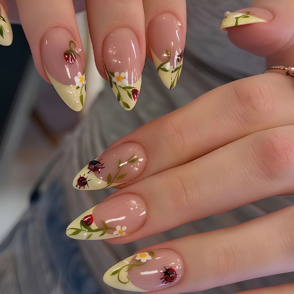 Blossoming Garden Elegant Long Almond Floral Design Yellow Tips Press On Nail Set