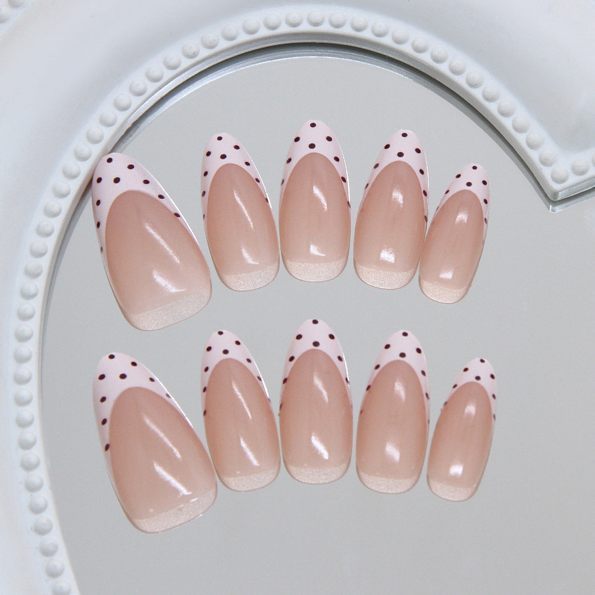 Chic Blush Medium Almond Beige Nails with Polka Dot Tips