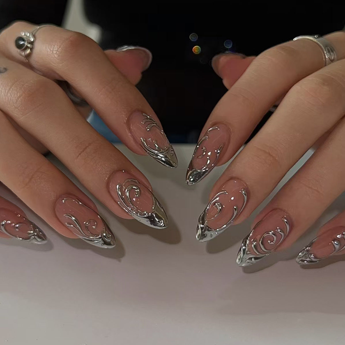 Mystical Silver Swirl Medium Almond Transparent Nails