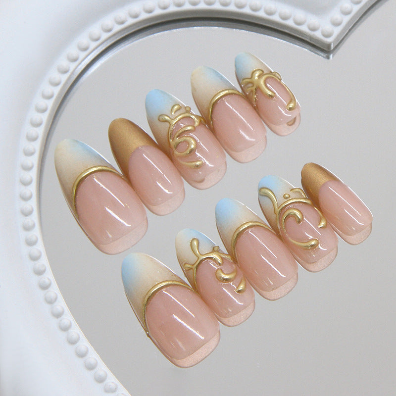 Dreamy Ocean Medium Almond Blue Ombre with Gold Accent Press on Nail Set