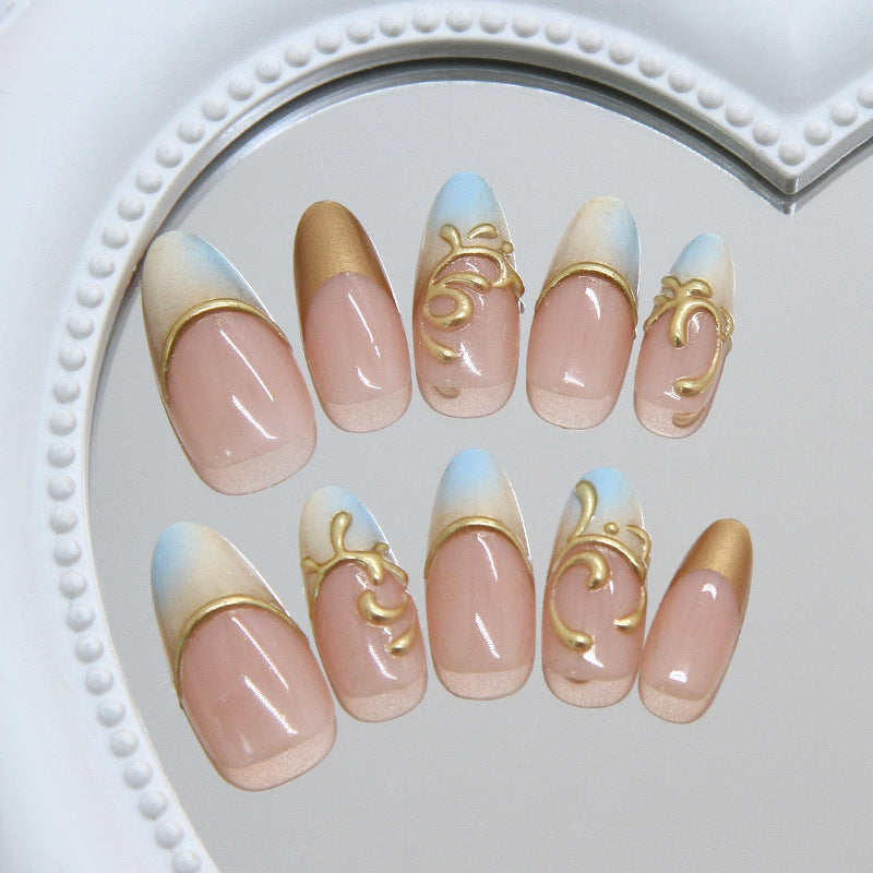 Whimsical Paradise Medium Almond Blue and Gold Accent Press on Nail Set