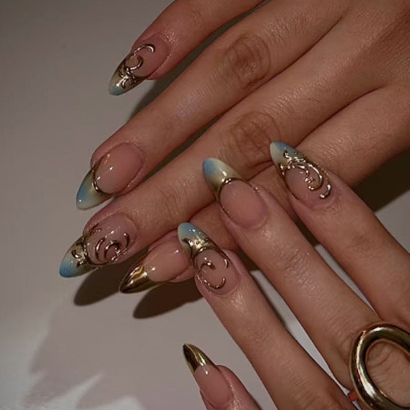 Ocean Breeze Medium Almond Blue Ombre with Gold Accent Nail Set