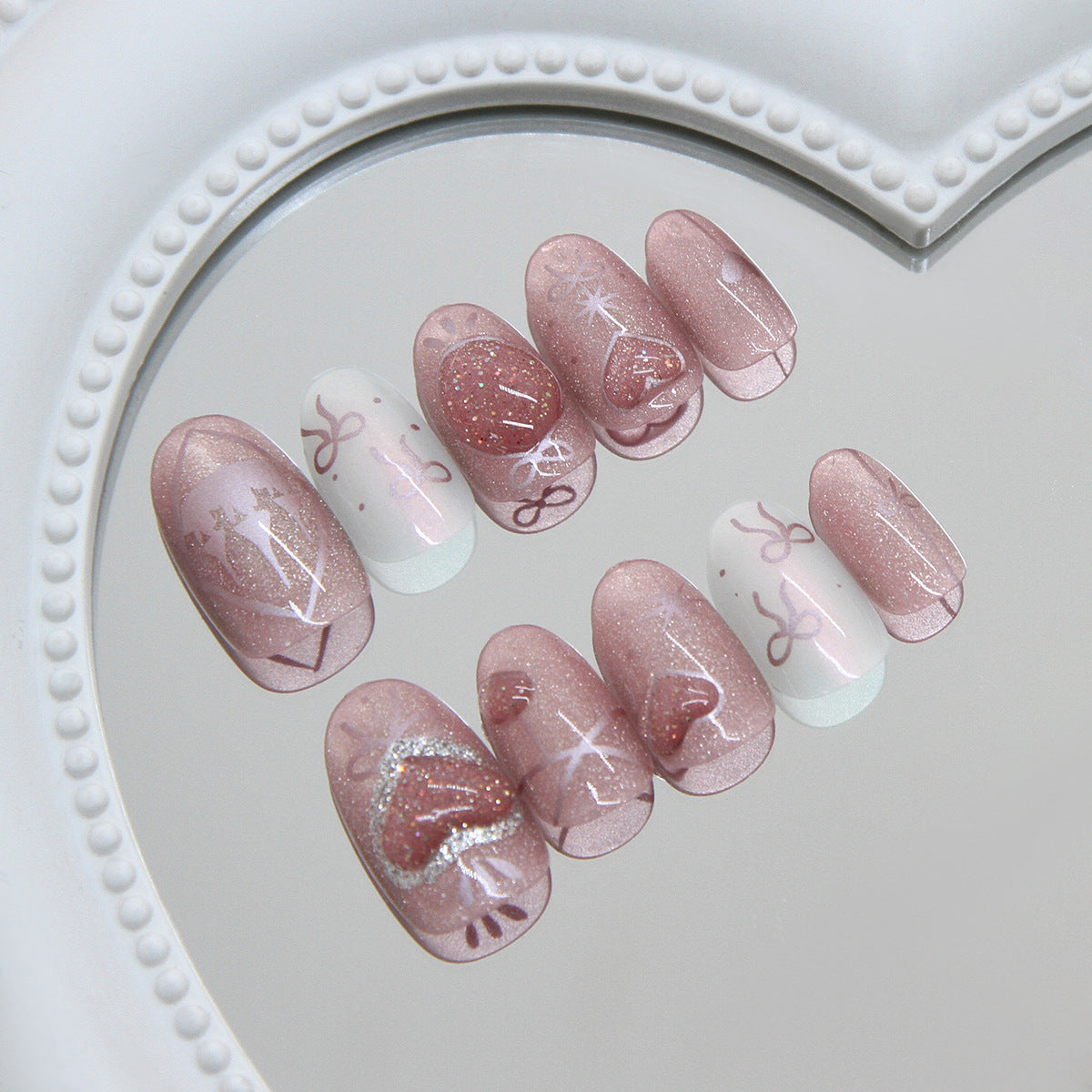 Romantic Glamour Medium Oval Pink with Glittering Heart Accents Press On Nail Set