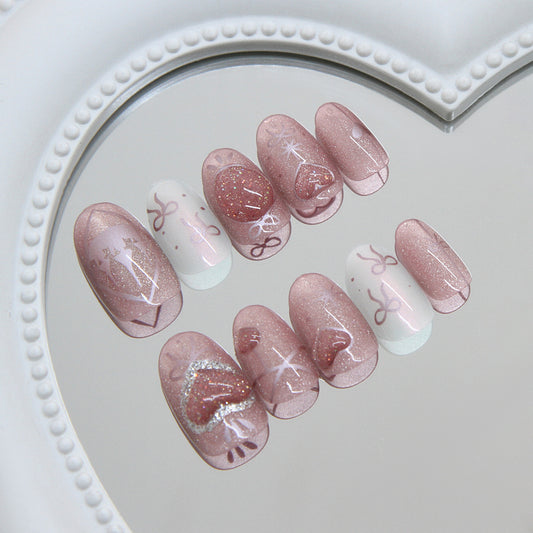Romantic Glamour Medium Oval Pink with Glittering Heart Accents Press On Nail Set